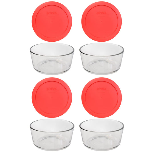 Pyrex 7201 4-Cup Glass Bowl & 7201-PC Red Lid (4-Pack) - Made in USA
