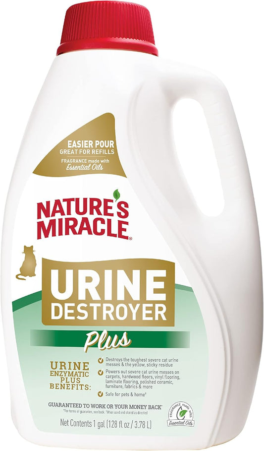 Nature’s Miracle Urine Destroyer Plus for Cats, Enzymatic Formula Tough on Strong Cat Urine And The Yellow Sticky Residue, 1 Gal