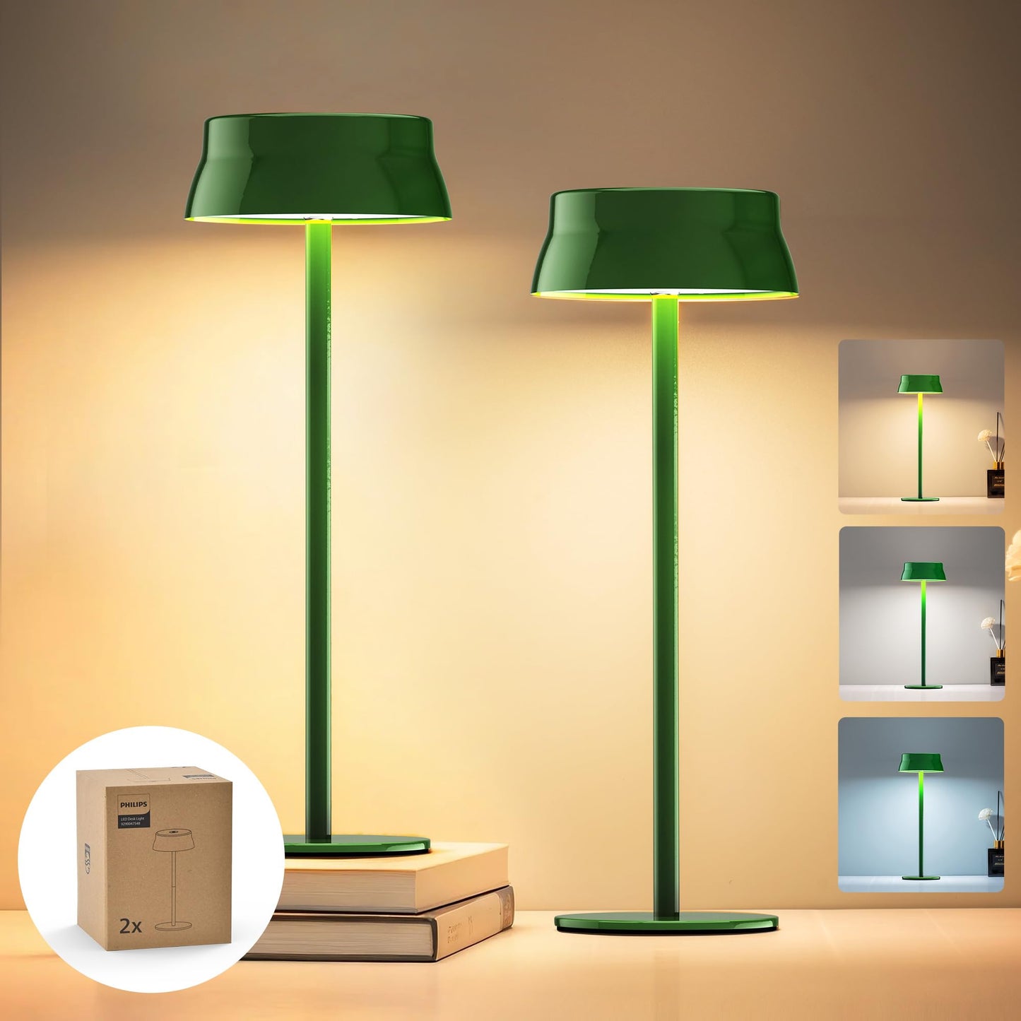 Philips Cordless Table Lamp, Portable Outdoor LED Desk Light,Rechargeable Battery Operated, 2 Adjustable Height, Touch Control & 3 Color Stepless Dimming, Waterproof Lamps for Restaurant/Bedroom