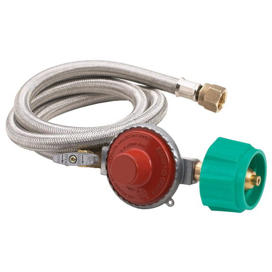 Bayou Classic M5HPR-1 48-in Stainless Braided LPG Hose w/ 10-psi Adjustable High Pressure Regulator Features 3/8-in Flare Swivel Fitting Designed For Bayou Classic Cookers & Jet Cookers