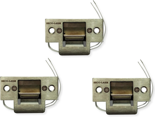 Seco-Larm SD-991A-D1Q Pack of 3 Mini No-Cut Electric Door Strikes; Indoor Use, Converts Cylindrical Lock Sets Into an Electronic Access-Controlled Locking System, Stainless Steel Keeper