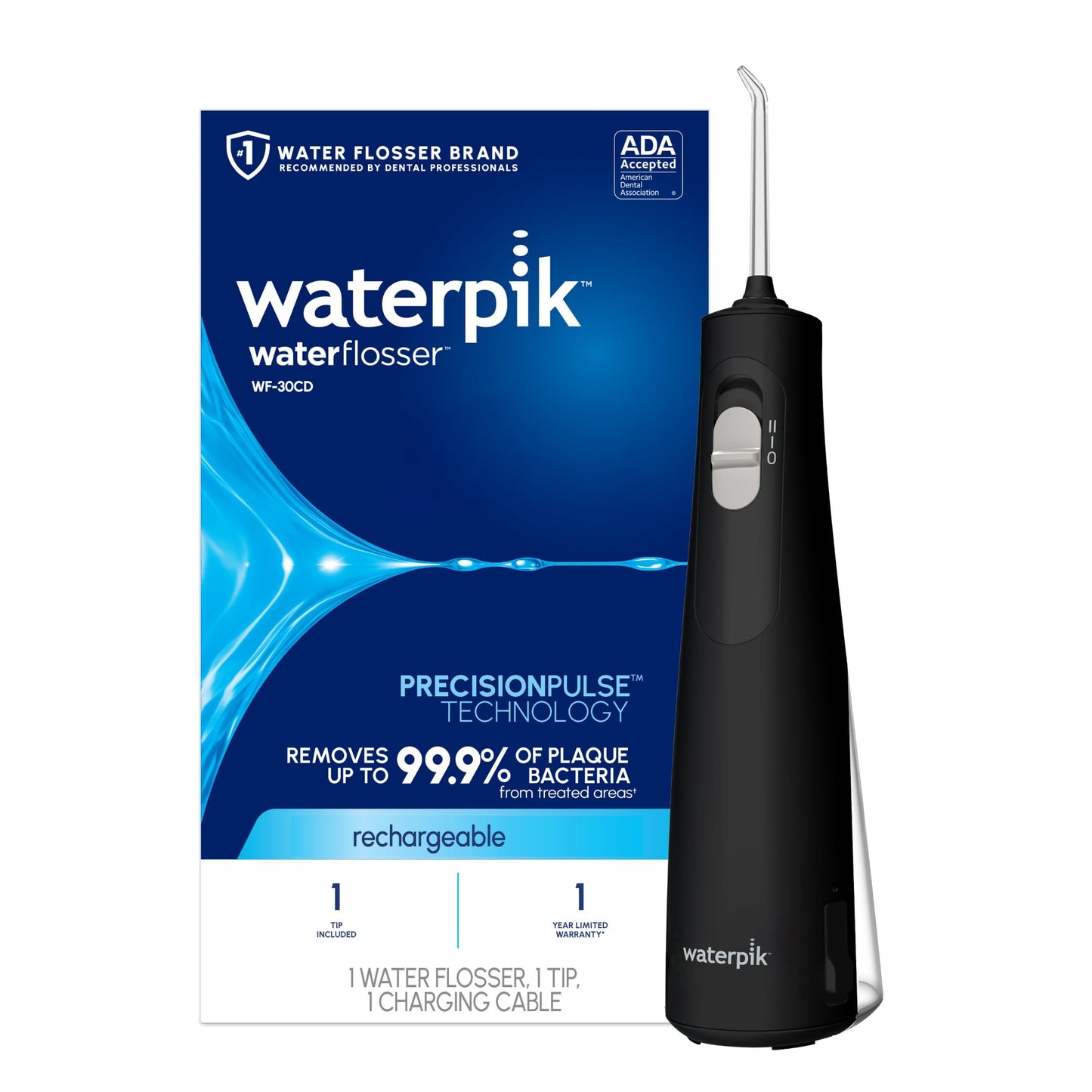 Waterpik Cordless 1100 Rechargeable Portable Water Flosser for Teeth Cleaning and Flossing, Travel, Braces Care, Healthier Gums, Waterproof for Shower, ADA Accepted, WF-30CD Black, Packaging May Vary