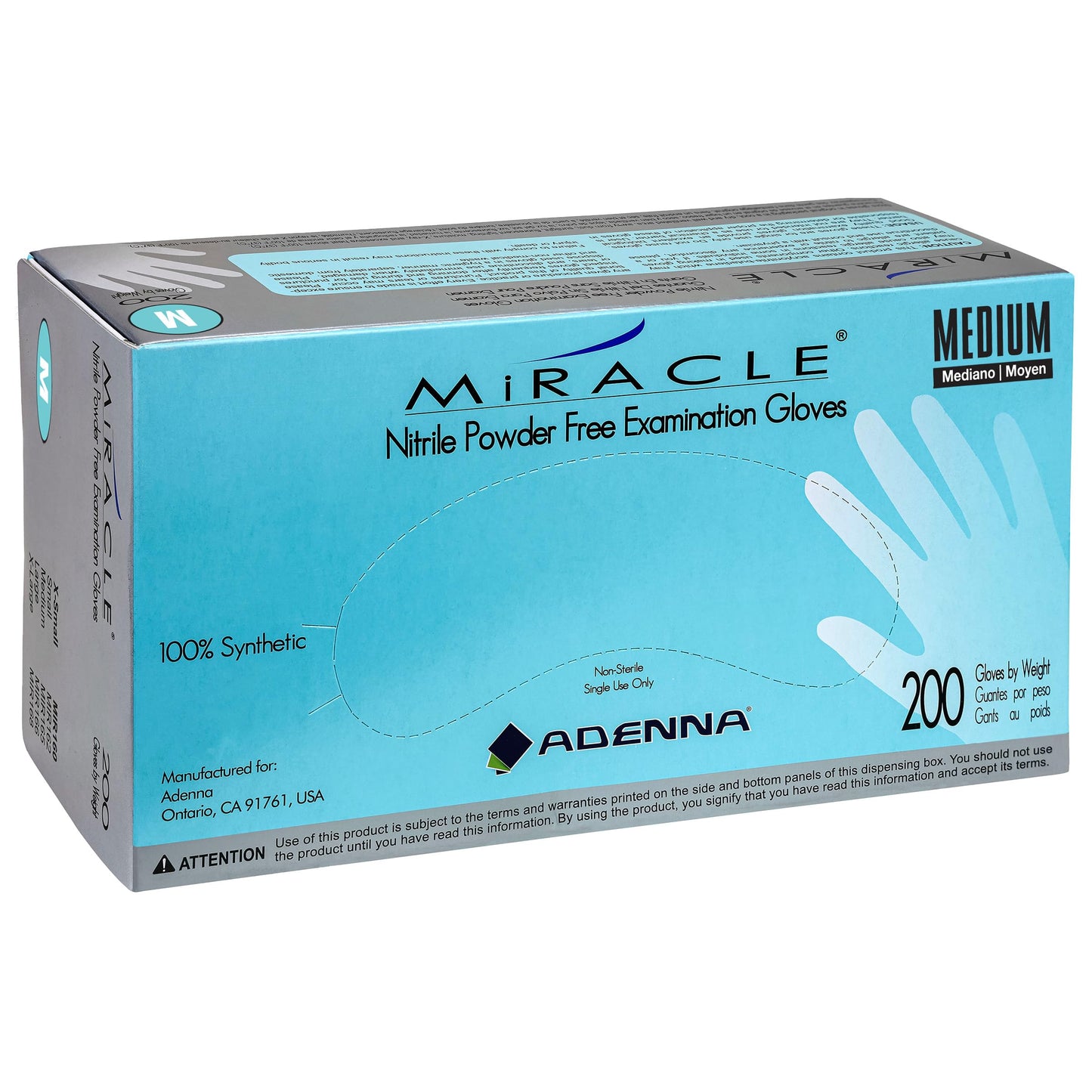Adenna Miracle 4 mil Powder-Free Nitrile Exam Gloves, Medical Grade, Blue, Medium, Box of 200