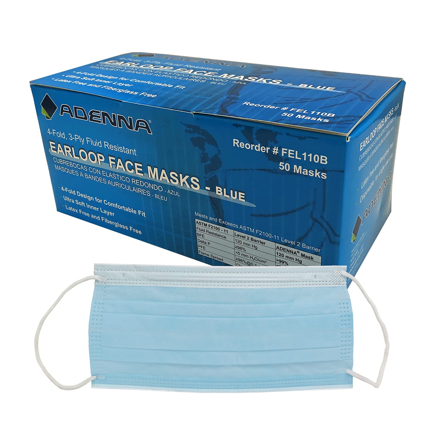 Adenna FEL110B 3-ply/4-fold Earloop Face Mask, Blue (Box of 50)