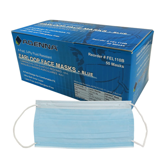 Adenna FEL110B 3-ply/4-fold Earloop Face Mask, Blue (Box of 50)