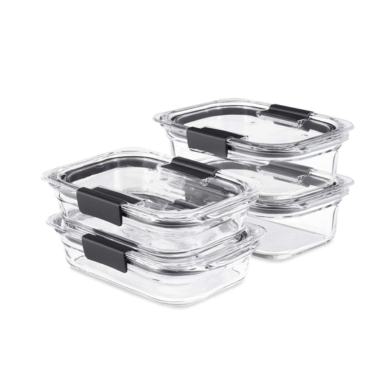 Rubbermaid Brilliance Glass Food Storage set of 4 containers 8 total pieces (4 containers + 4 lids) for Lunch Meal Prep and Leftovers Dishwasher and Oven Safe Clear/Grey