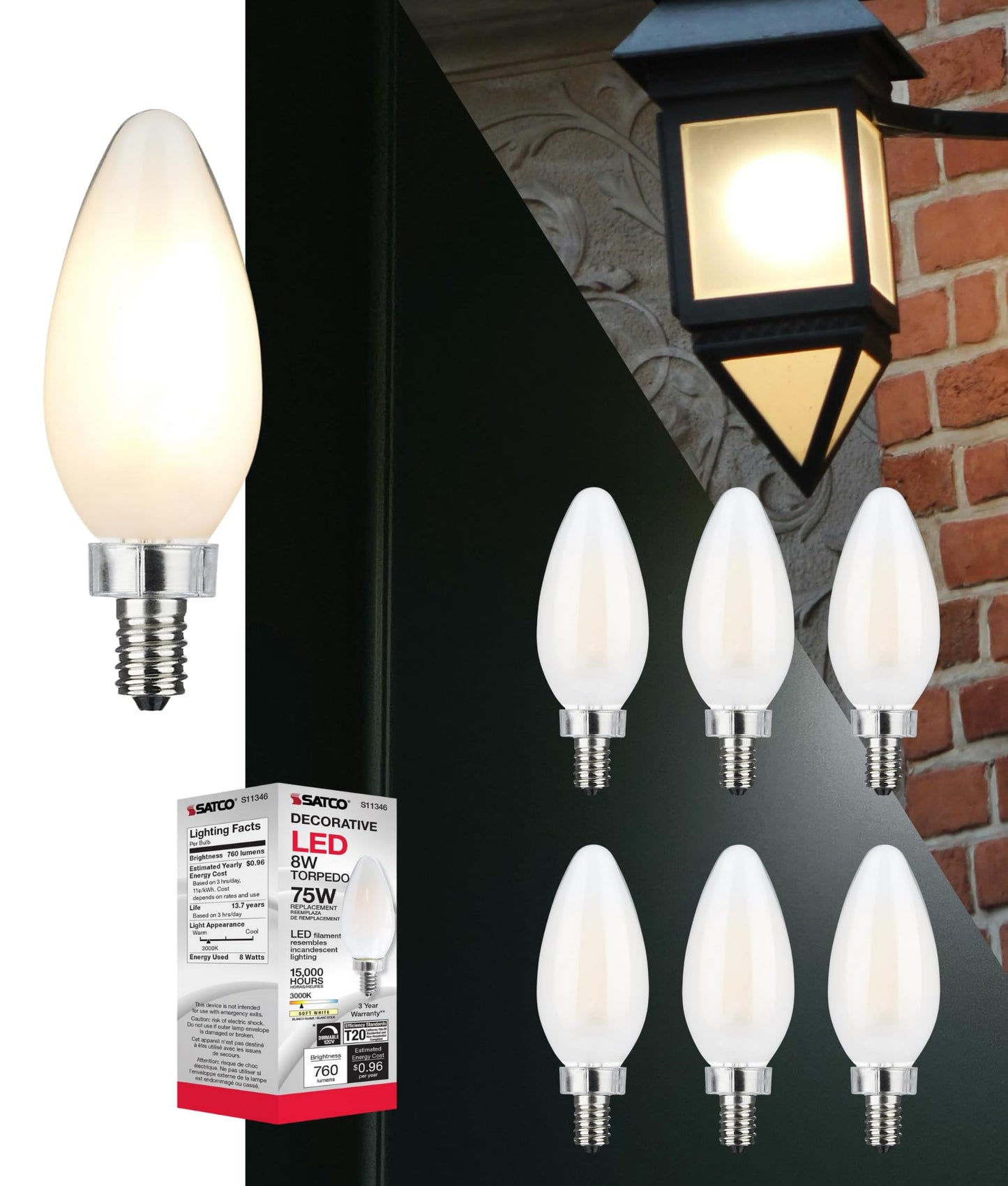 Satco 8W LED C11 Candle Light Bulb 3000K Soft White 760 Lumens Frosted Finish E12 Candelabra Base Dimmable 300 Degree Beam Enclosed Fixture Rated 120V S11346 (6 Pack)