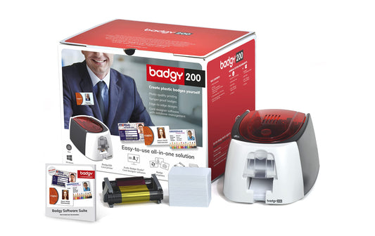 Badgy200 Plastic Card Printer with Badge Studio+ ID design software for full color, custom, tamper proof ID badges in seconds