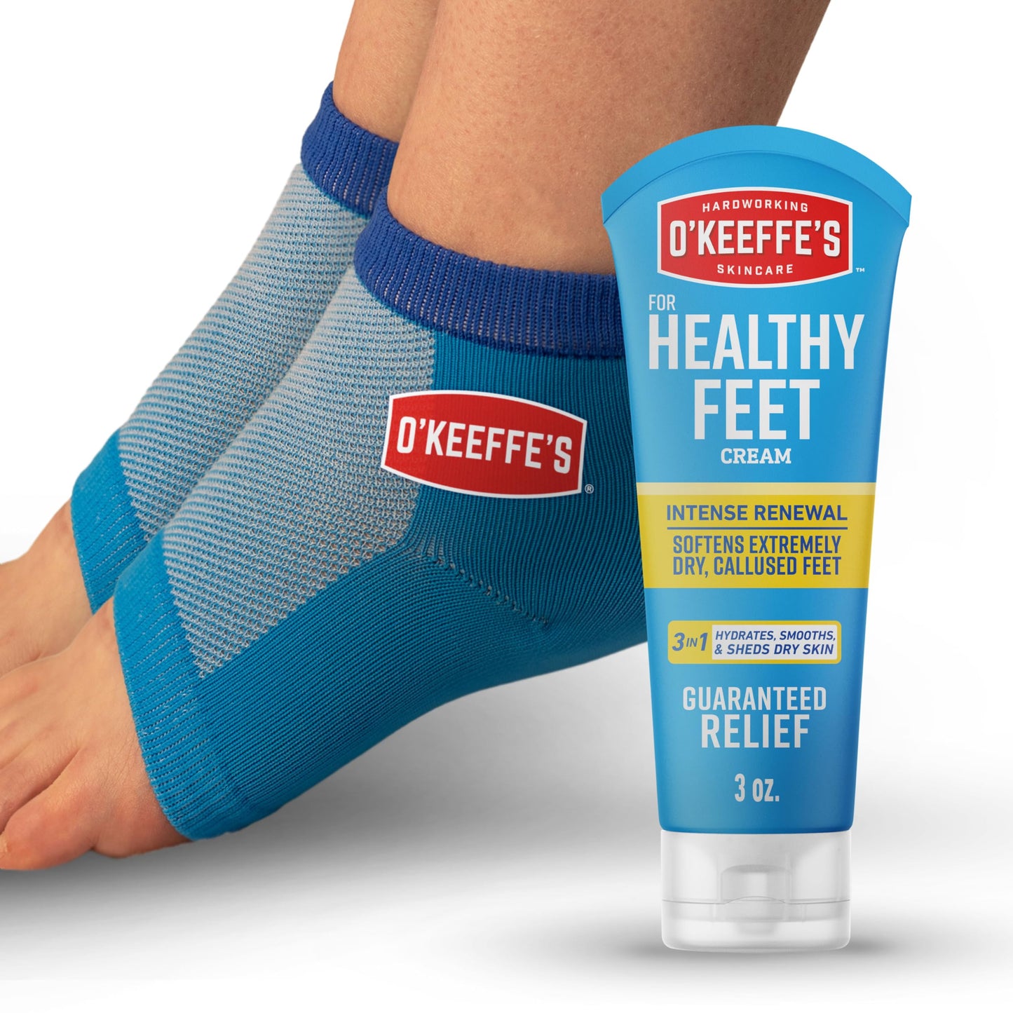 O＊Keeffe＊s for Healthy Feet Heel Repair Kit with Urea & Lactic Acid 每 (1 Pair) Reusable Foot Sleeves + 3 oz. Intense Renewal Foot Cream, Exfoliates & Softens Dry Heels