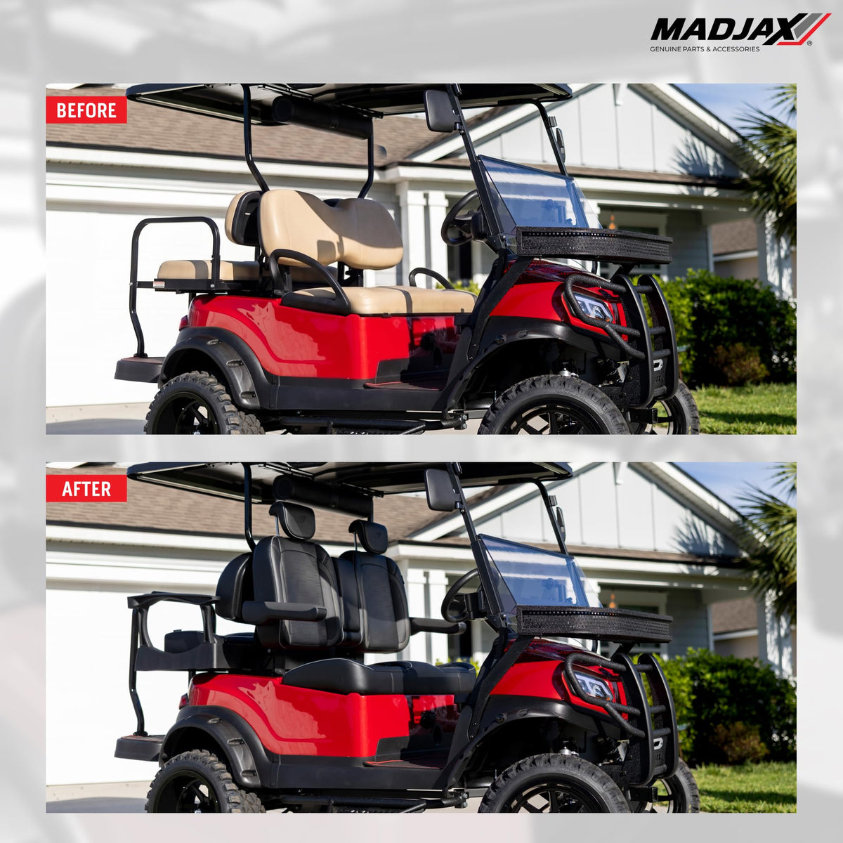 MadJax Commander Front Seat Back with Armrests & Storage Console, Rear Seat Back and Bottom Cushion Assemblies & G250 Steel Rear Seat Kit Compatible with MadJax XSeries X2 Golf Cart, Black