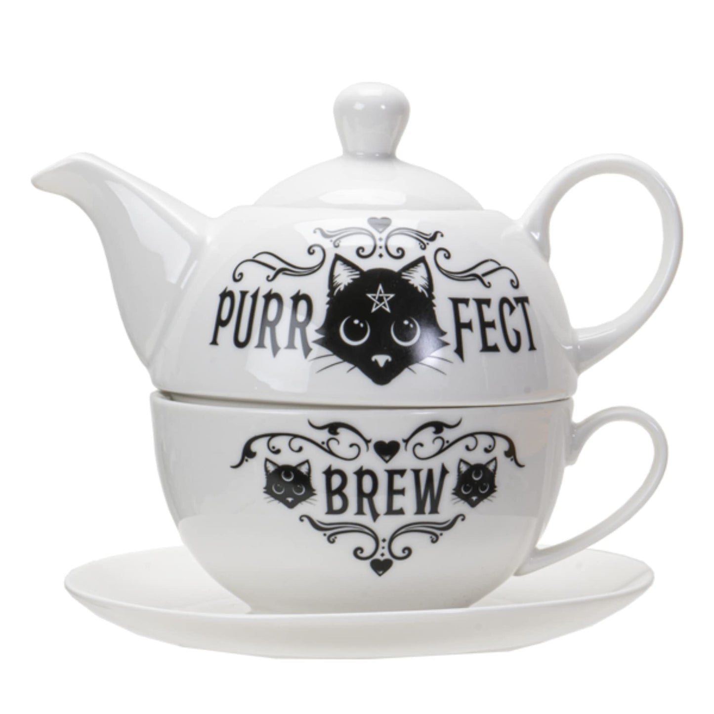 Pacific Giftware Purrfect Brew Tea for One, Gothic Three-Piece Set with Pot, Cup and Saucer, 6.50 Inches x 5.91 Inches x 5.71 Inches