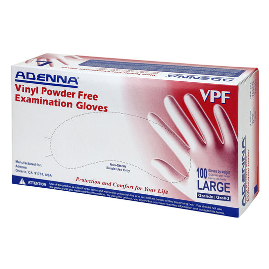 Adenna VPF 4-mil Vinyl Powder Free Exam Gloves, Clear, Large, Box of 100