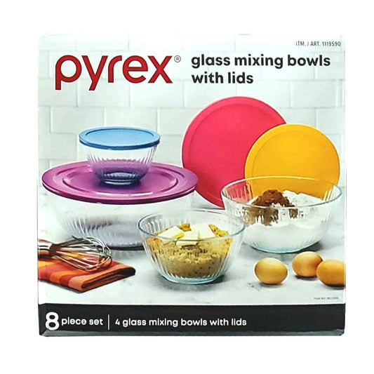 Pyrex 8 Piece Glass Mixing Bowl Set - 4 Glass Mixing Bowls and 4 Lids (Lid Colors May Vary)