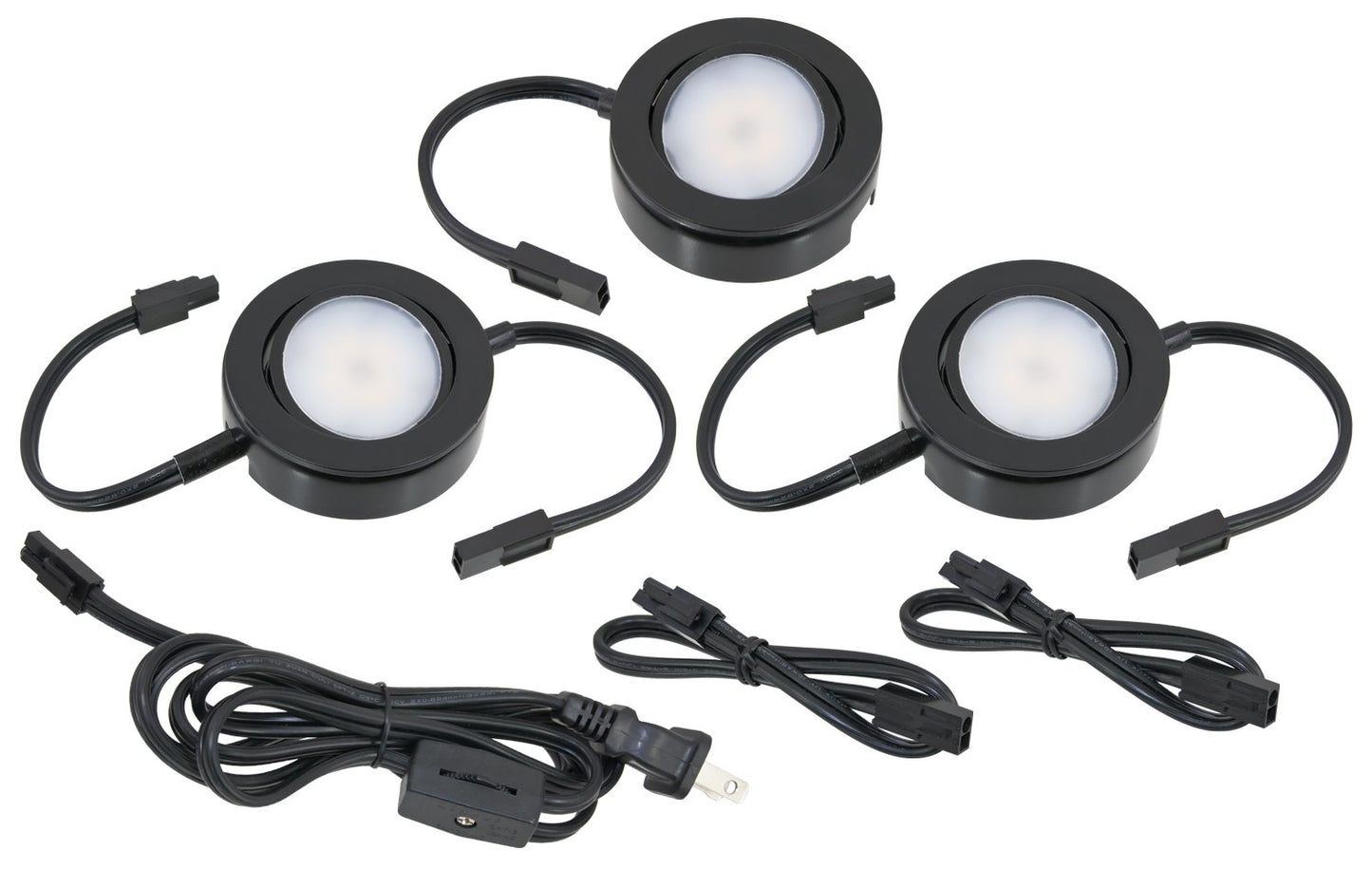 MVP Three Puck Kit with Roll Switch and 6 Foot Power Cord, Dimmable Swivel LED Puck Lights, Linkable, cETLus Listed, 2-3/4-Inch, 3000K Black, 3-Pack Puck Kit
