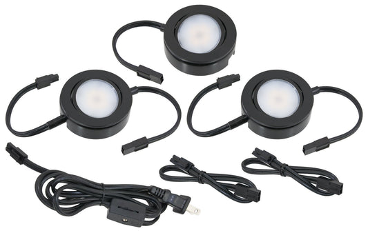 MVP Three Puck Kit with Roll Switch and 6 Foot Power Cord, Dimmable Swivel LED Puck Lights, Linkable, cETLus Listed, 2-3/4-Inch, 3000K Black, 3-Pack Puck Kit