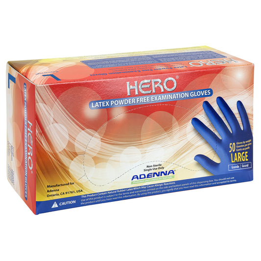 Adenna HERO Disposable Latex Gloves - 14 Mil, NFPA-Approved Heavy Duty Glove with 12" Extended Cuff & Micro-Textured Grip, Exam Grade, Powder Free, Pack of 50, Large, Blue