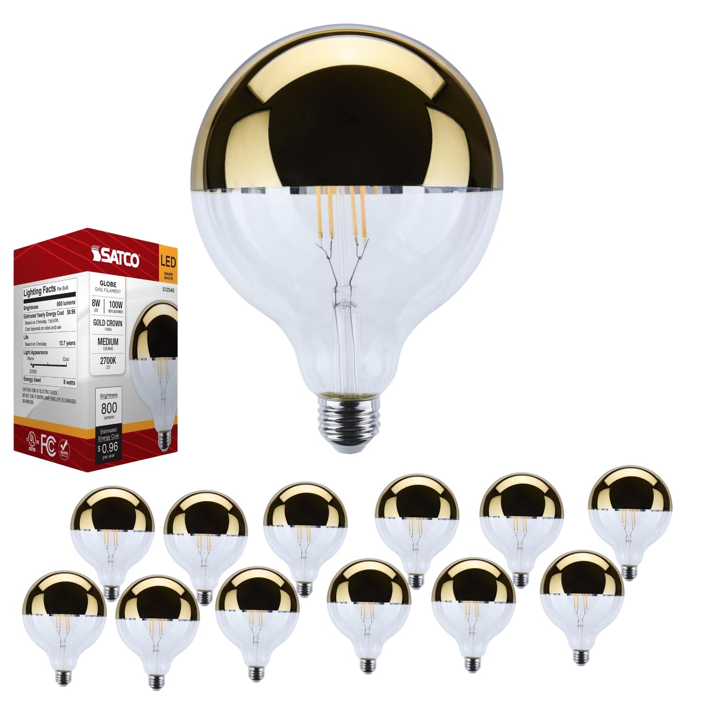 Satco LED G40 Globe Bulb 8W 100W Equivalent 2700K Warm White 90+ CRI Gold Crown Medium Base 120V Dimmable – Part S12546 (12 Pack)