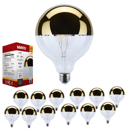 Satco LED G40 Globe Bulb 8W 100W Equivalent 2700K Warm White 90+ CRI Gold Crown Medium Base 120V Dimmable – Part S12546 (12 Pack)