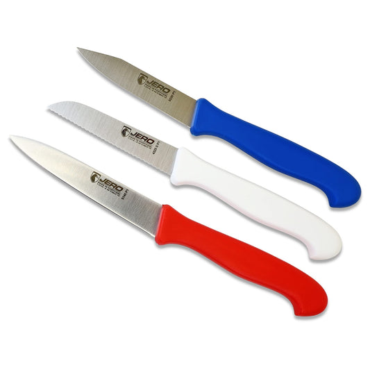 JERO 3-Piece Professional Paring Knife Set In Retail Pack - Spear Point Paring, Clip Point Paring And Serrated Paring Knife - Made In Portugal