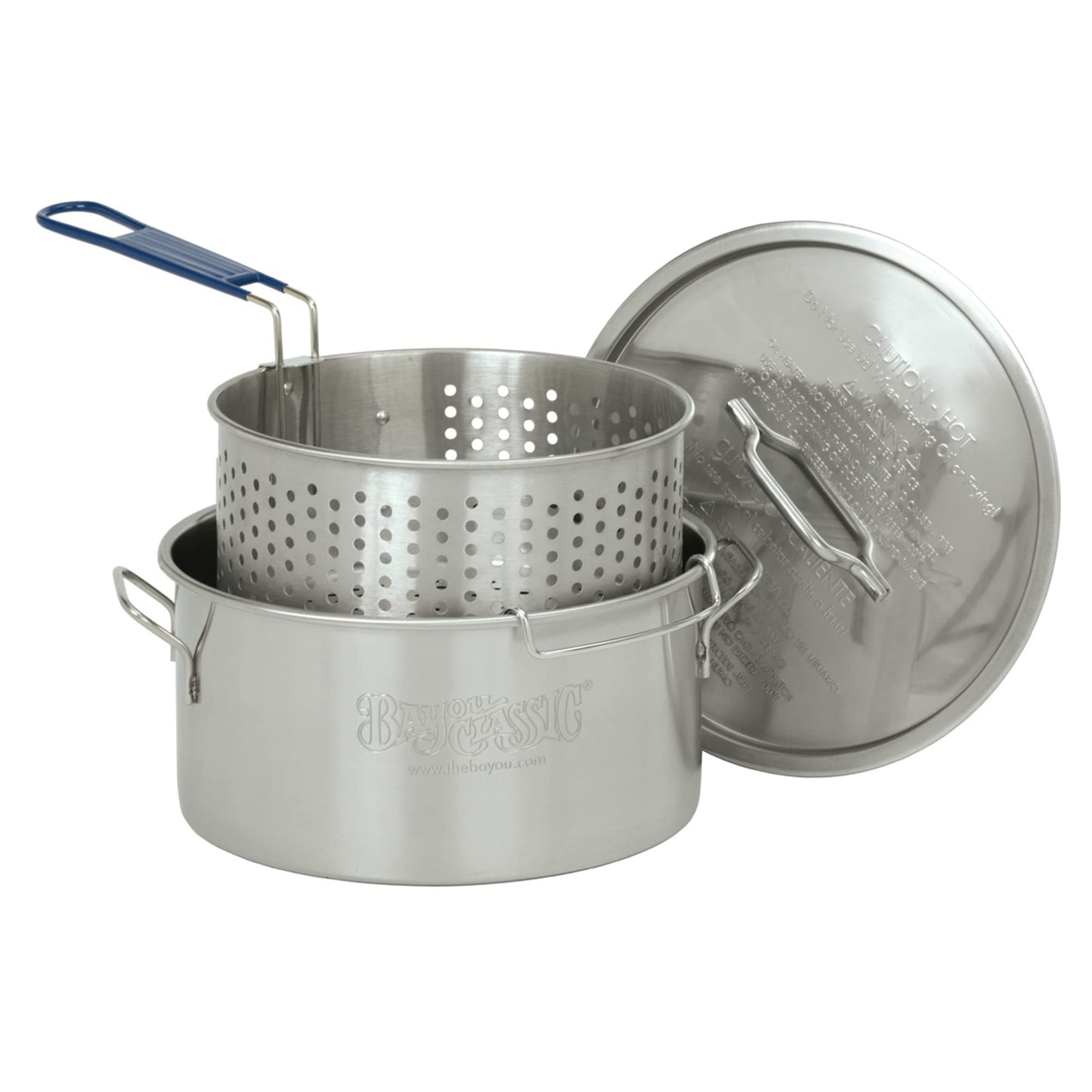 Bayou Classic 1150 14-qt Stainless Fry Pot Features Heavy Welded Handle Stainless Lid and Stainless Perforated Basket w/ Cool Touch Handle Perfect For Frying Fish Shrimp or Hushpuppies