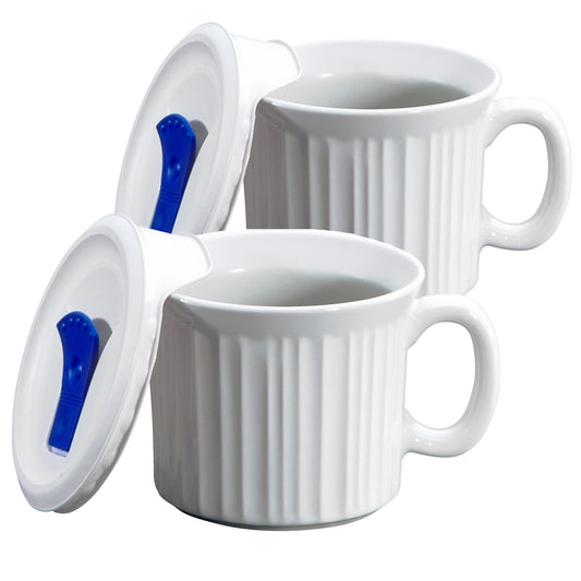 CorningWare 2-Pack 20oz Ceramic Meal Mugs with BPA-Free Vented Lids, French White