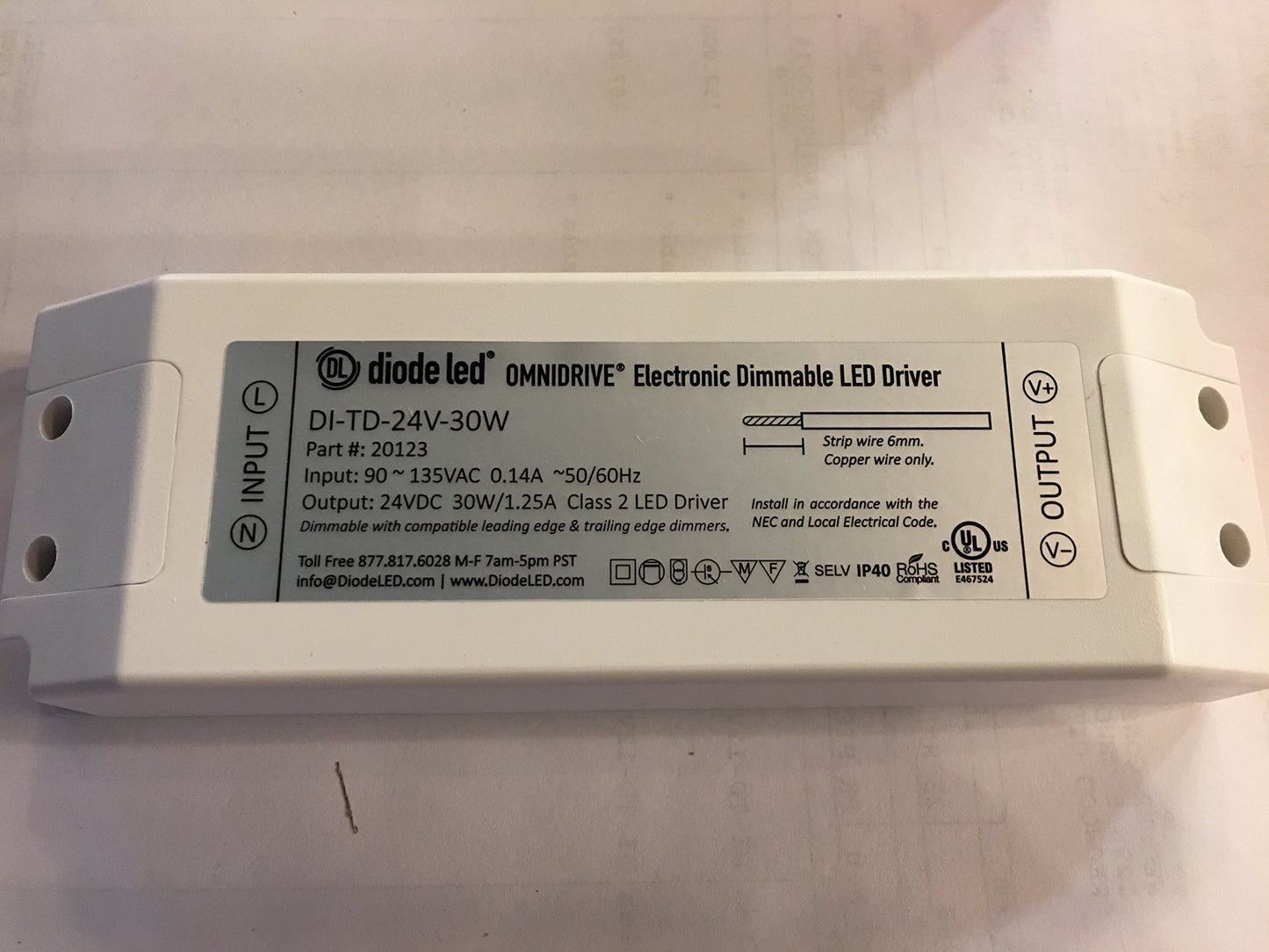 Diode LED DI-TD-24V-30W Dimmable Electronic Driver 120 Volt AC Input 24 Volt DC Output 30 Watt Output Omnidrive