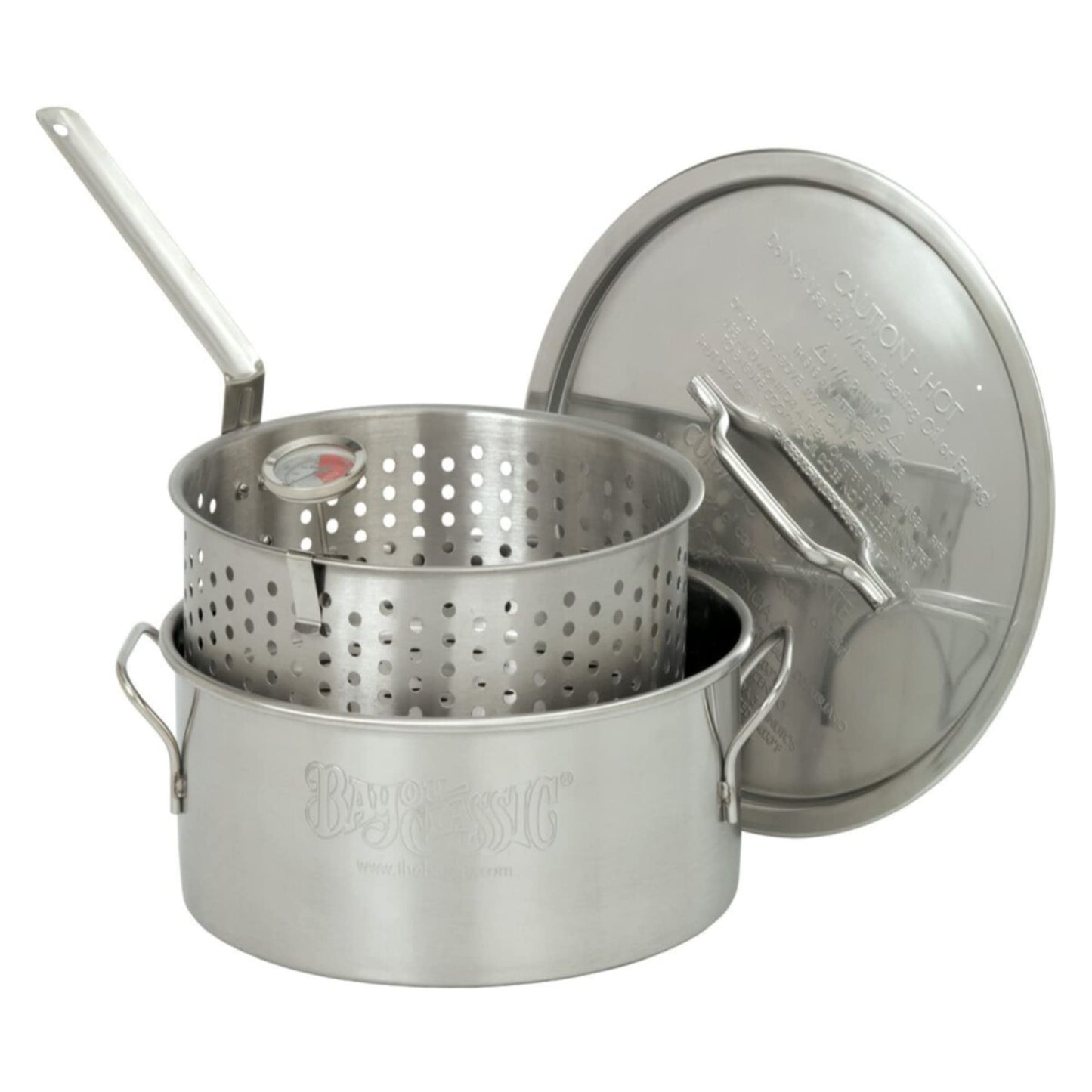 Bayou Classic 1101 10-qt Stainless Steel Fry Pot Perfect For Frying Fish Shrimp Chicken Hushpuppies and Fries Includes Stainless Steel Perforated Basket 5-in Frying Thermometer and Stainless Lid