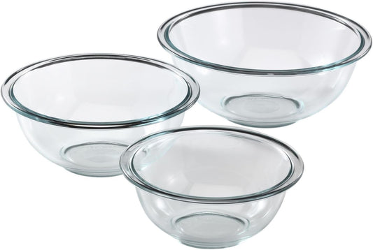 Pyrex 3 Piece Glass Mixing Bowl Set with 1, 1.5, 2.5 Quart Mixing Bowls for Kitchen, Baking, and Storage, Microwave, Freezer, and Dishwasher Safe , Proudly Made in the USA