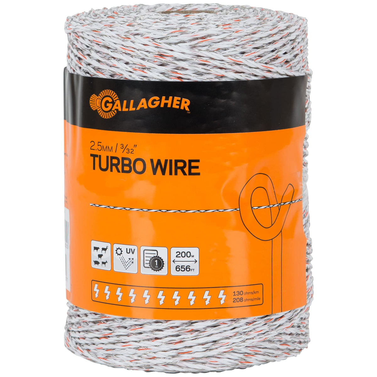 Gallagher Electric Fence Turbo Polywire | 9 Mixed Metal Strands for 40x More Conductivity and Extreme Power | Ideal for Long Portable Fences | UV, Rust Resistant | 3/32" Diameter Polywire | 656 Foot